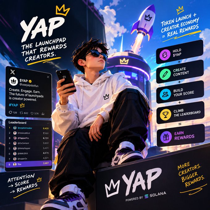 A promotional graphic for 'YAP - The launchpad that rewards creators' features an anime-style character with sunglasses and a rocket launching, highlighting token launch, creator economy rewards, and steps like 'HOLD $YAP', 'CREATE CONTENT', and 'CLIMB THE LEADERBOARD' to earn rewards on Solana.