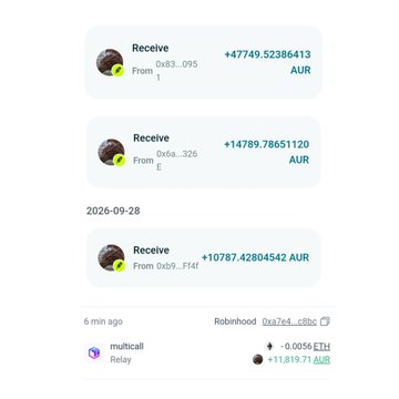 A screenshot of cryptocurrency transactions showing received AUR (Aurora) tokens from addresses including 0x83...995 and 0xba...326, dated 2026-09-28.