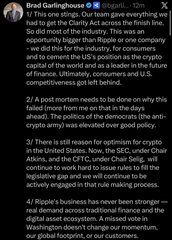 A screenshot of a social media post by 'Brad Garlinghouse' features a long, four-pointed text list discussing the U.S. crypto industry, regulatory clarity, and Ripple's business.