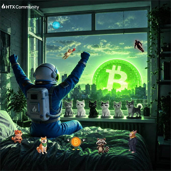 An artistic digital illustration showing an astronaut sitting on a bed with arms raised toward a glowing green Bitcoin symbol on the horizon, surrounded by cats, dogs, and a raccoon, branded with 'HTX Community'.
