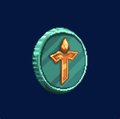 A stylized coin or token with a cross design on a dark blue background.