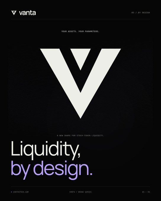 A minimalist black poster design for 'vanta' features a large white 'V' logo, with the tagline 'YOUR ASSETS. YOUR PARAMETERS.' and 'Liquidity, by design.' in white and purple text.