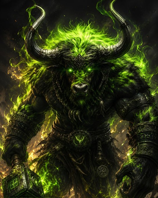 A dramatic fantasy digital artwork depicting a powerful bull-like humanoid warrior with large curved horns, glowing green eyes, and green flame-like hair, wearing dark armor and wielding a hammer.
