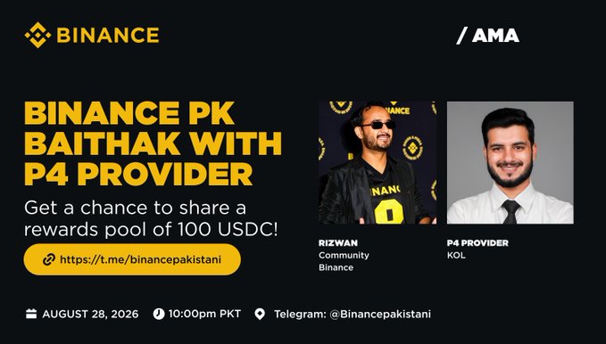 A Binance AMA announcement promoting "BINANCE PK BAITHAK WITH P4 PROVIDER," featuring Community Binance's Rizwan and KOL P4 Provider, with a 100 USDC rewards pool, scheduled for August 28, 2026 at 10:00 PM PKT on Telegram (@Binancepakistani). The image aligns with the post's teaser of a special Friday Baithak session where the P4 Provider joins the Binance PK community for an open Q&A on crypto, trading, Web3, and more.
