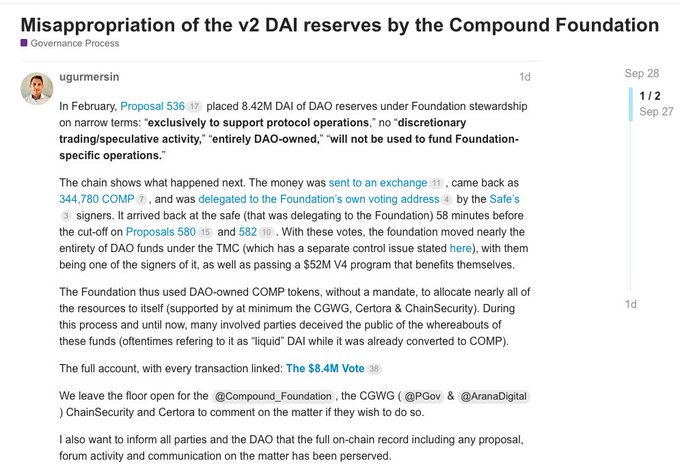 A screenshot of a Compound governance forum post by user "ugurmersin" titled "Misappropriation of the v2 DAI reserves by the Compound Foundation," alleging that the Foundation diverted 8.42M DAI—originally placed under stewardship via Proposal 536 for protocol operations only—into its own 4-of-6 multisig, then moved ~$8.4M of DAO-owned funds to the TMC under Proposals 580 and 582. The post directly supports and expands on the caption by providing the specific proposal numbers, multisig signer count, and the alleged $8.4M vote referenced.