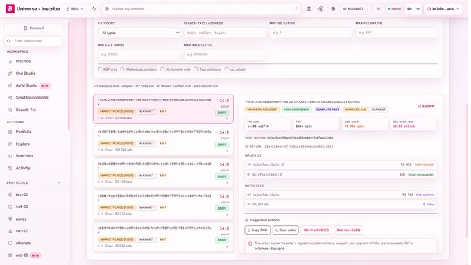 The image shows the Universe interface for searching and analyzing the mempool, with filters for categories and min/max fiat/satoshi values, displaying a list of pending transactions (e.g., from addresses like `0xee26eae48e98a9991aac9955d6c3a8c2b87c3093`) with details like gas fees, prices, and a "Suggested actions" panel for copying TXID or canceling. This directly illustrates the post's claim by demonstrating how users can filter through pending transactions to spot and act on opportunities before they are confirmed on-chain.