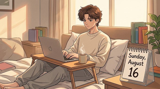 An anime-style illustration of a young man working on an Apple laptop while sitting in bed, with a steaming mug nearby and a calendar showing 'Sunday, August 16.'