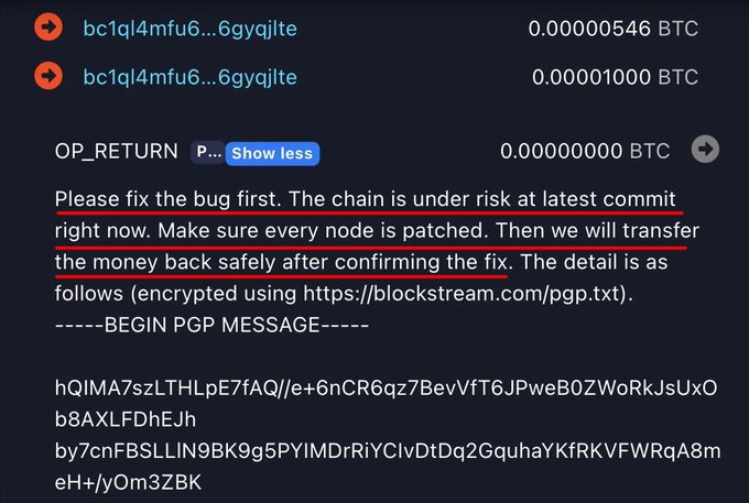 A blockchain transaction view showing Bitcoin (BTC) transfers with an OP_RETURN message warning 'Please fix the bug first. The chain is under risk at latest commit right now,' followed by an encrypted PGP message block.