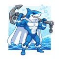 A pixel art illustration of a blue shark-like superhero character holding a trident and chains, standing against a light blue background.