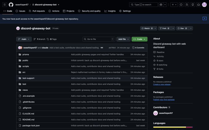 A screenshot shows the GitHub repository page for 'discord-giveaway-bot', indicating the user now has push access.