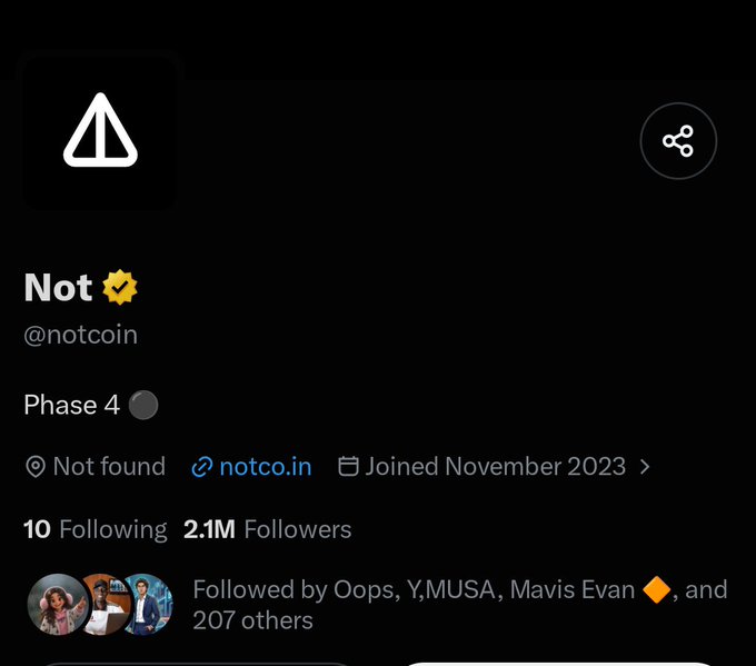 A screenshot of the Notcoin (@notcoin) social media profile showing 2.1M followers, joined November 2023, with the Phase 4 status displayed. The image illustrates the poster's entry point into crypto through Notcoin, a popular tap-to-earn Telegram game that became a gateway for many new users into the cryptocurrency space.