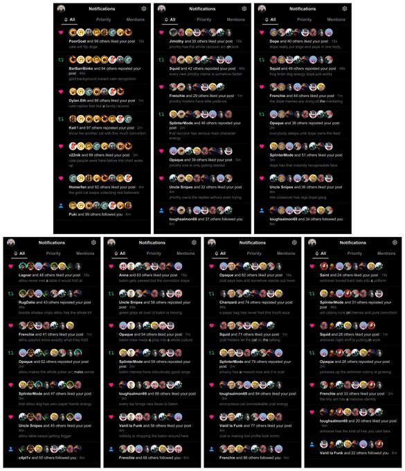 A collage of multiple black-mode social media notification screenshots shows many liked posts, reposts, mentions, and follower notifications from various accounts.