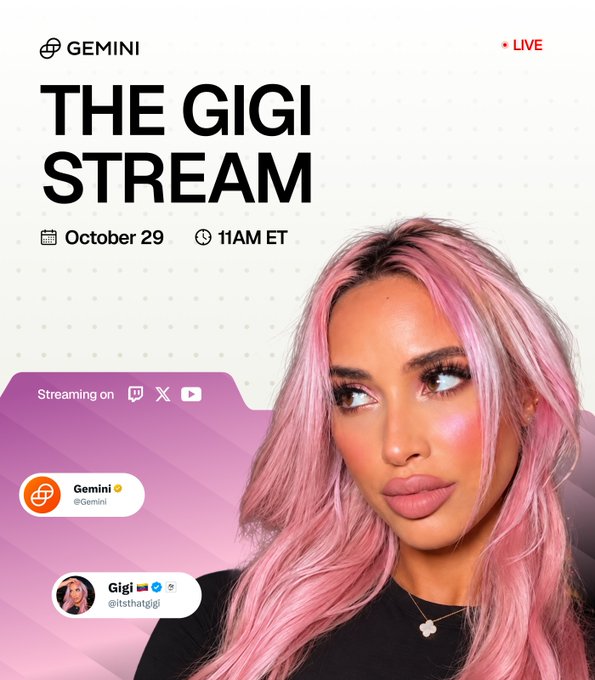 A promotional graphic for “THE GIGI STREAM,” featuring a portrait of Gigi with pink hair and Gemini branding. The poster announces a live stream on October 29 at 11AM ET, streaming on Twitch, X, and YouTube, with a chat prompt to discuss Solana, the markets, and everything onchain.