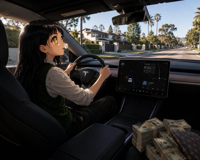 An anime-style character with long black hair driving a Tesla, with stacks of cash visible in the passenger seat on a sunny suburban street.