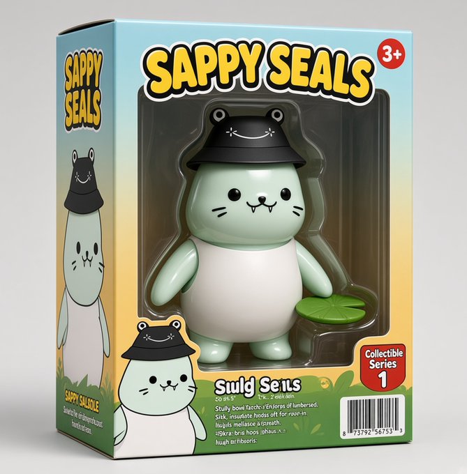 Packaging for a 'SAPPY SEALS' Collectible Series 1 figure, featuring a mint-green seal character wearing a black hat and holding a lily pad.