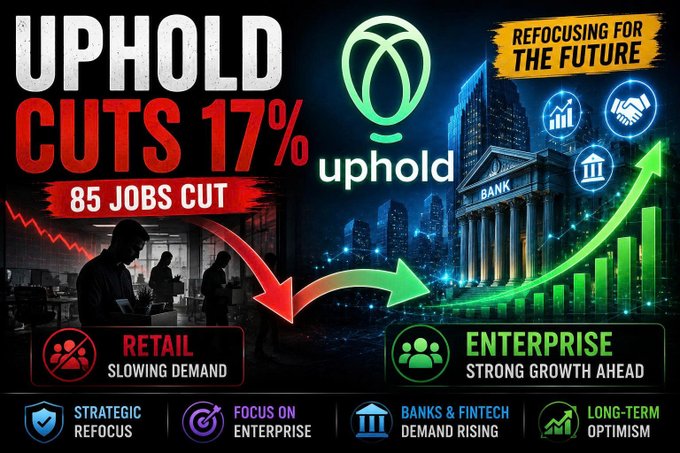A promotional graphic announces 'UPHOLD CUTS 17% - 85 JOBS CUT' while 'REFOCUSING FOR THE FUTURE,' showing the Uphold logo and contrasting imagery of slowing retail demand with strong enterprise growth through an upward trending green arrow.