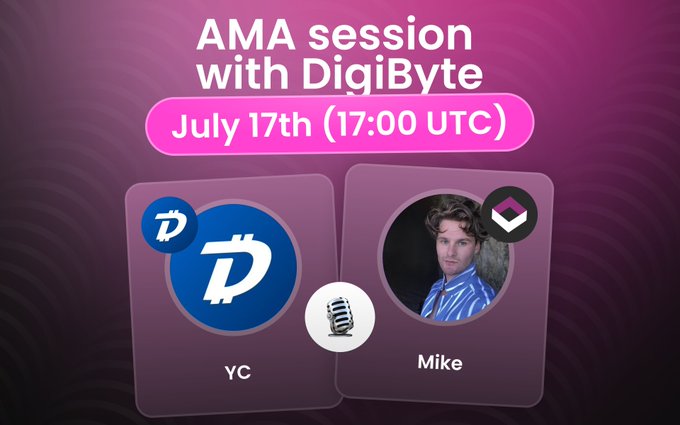 A promotional graphic for a DigiByte AMA session scheduled for July 17th at 17:00 UTC, featuring participants "YC" with the DigiByte logo and "Mike" with the QuickEx logo, set against a purple gradient background to advertise the live cryptocurrency discussion.