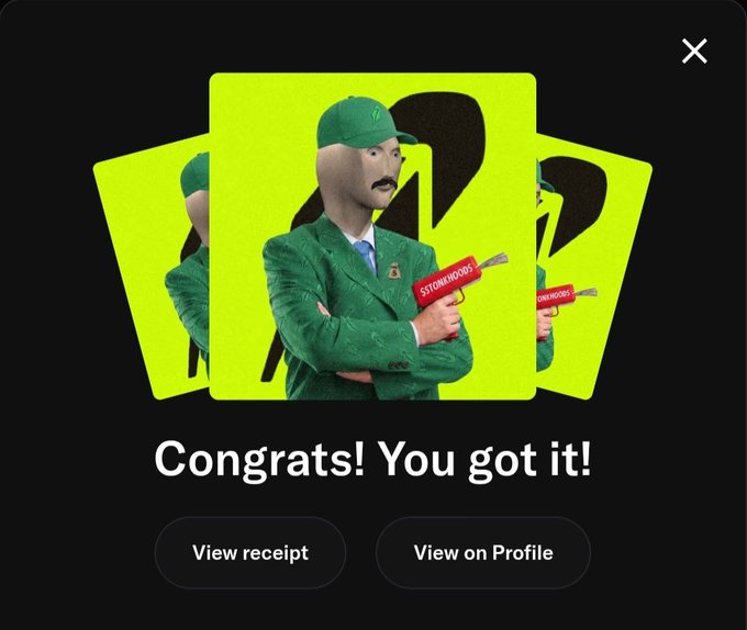 A digital collectible confirmation screen showing three cards with a man in a green suit and cap holding a red 'STONKSWORDS' gun on a neon yellow background, with text reading 'Congrats! You got it!' and buttons for 'View receipt' and 'View on Profile'.