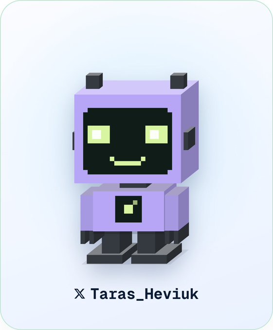 A pixel-art illustration of a cute, boxy purple and black robot with glowing green eyes and a smile, labeled 'X Taras_Heviuk'.