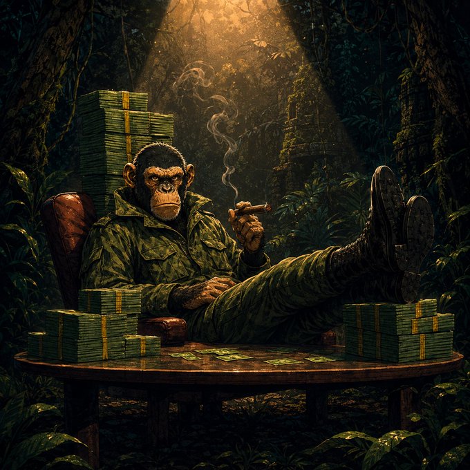 A confident chimpanzee, dressed in military fatigues and smoking a cigar, relaxes with stacks of money and a scattering of cards on a table, symbolizing a triumphant market position. The image relates to the post by depicting a bullish crypto sentiment, with the "bears" (those who bet on prices falling) being "slaughtered" (financially defeated).