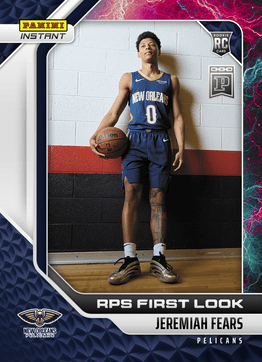 A Panini Instant APS First Look rookie card of Jeremiah Fears (#0) of the New Orleans Pelicans, shown in his blue uniform holding a basketball.
