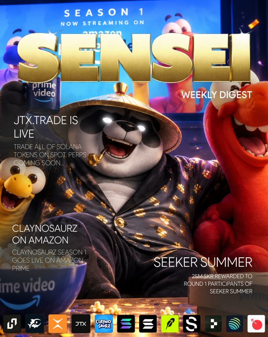 A vibrant promotional graphic for "Sensei Weekly Digest" Season 1, now streaming on Amazon Prime, features an animated panda character wearing a golden straw hat alongside colorful mascots like Claynosaurz. The image highlights key Solana ecosystem updates: JTX.trade going live for Solana token spot perps, Claynosaurz Season 1 launching on Amazon Prime, and a "Seeker Summer" promotion offering 25M $SKR rewards to round 1 participants, with various crypto project logos displayed along the bottom.