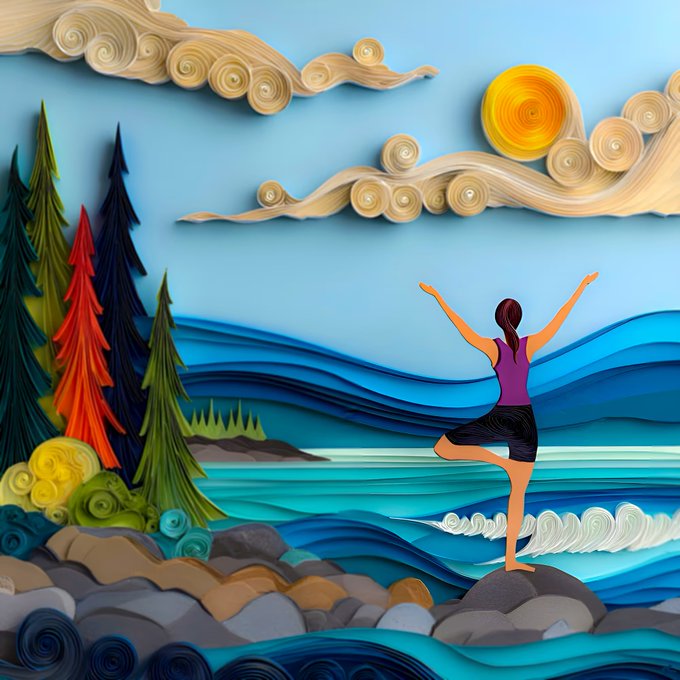 A colorful quilling art piece depicting a woman in a yoga pose on rocks by the ocean, with trees and a sun in the background.