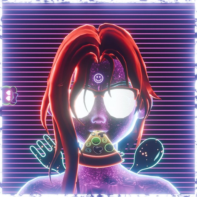 A stylized cyberpunk character with red hair, glowing white sunglasses reflecting a smiley face, and a small creature on their shoulder, set against a neon purple striped background.