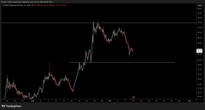 A 4-hour candlestick chart of LTC/USD Perpetual Contract on Bybit, showing a recent sharp rally peaking near $74 before pulling back to consolidate around $63.69, with the post noting no significant movement and no entry being taken yet.