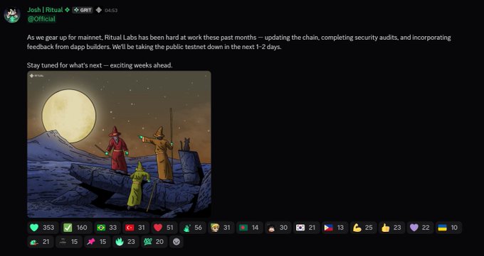 A Discord announcement from Josh at Ritual Labs (Ritual) reads, "As we gear up for mainnet, Ritual Labs has been hard at work these past months — updating the chain, completing security audits, and incorporating feedback from dapp builders. We'll be taking the public testnet down in the next 1-2 days. Stay tuned for what's next — exciting weeks ahead," accompanied by an illustration of three figures standing on a rocky landscape beneath a large moon.