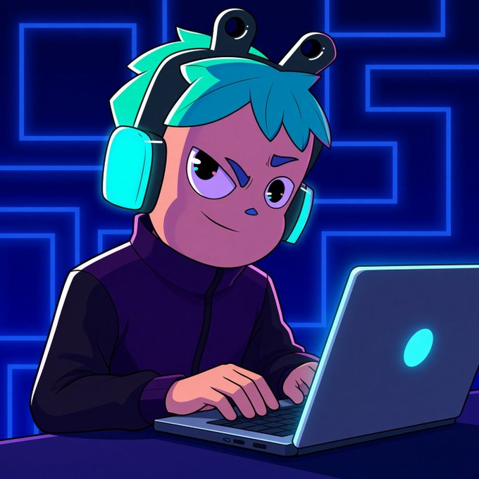 An anime-style digital illustration of a character with teal hair, frog-shaped headphones, and a dark jacket using a glowing laptop against a dark background with blue maze patterns.