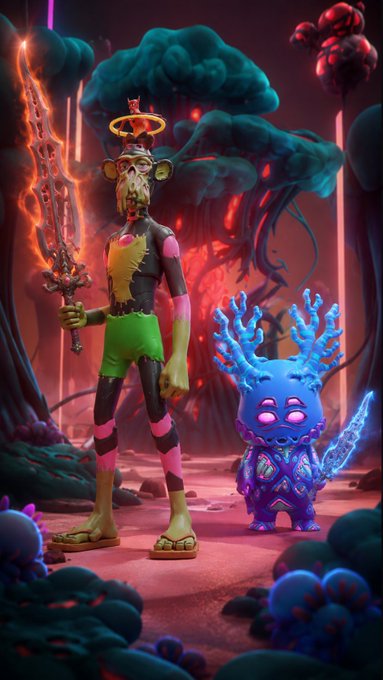 A 3D rendered fantasy scene showing a tall humanoid figure with a crown holding a glowing sword, standing next to a small blue creature with antler-like protrusions in a surreal red landscape.