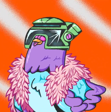 The image features a cartoon bird with a green helmet and a pink scarf, standing against an orange background. The bird appears to be wearing a futuristic outfit that includes a helmet and a cape-like accessory. The caption below the image reads "I stayed through the NFT bear market because I never believed NFTs were just JPEGs. The noise disappeared, but the idea never did." This statement suggests that the artist may have been involved in the NFT community or experienced the NFT market firsthand and is now sharing their perspective on it.

The image also includes a reference to "@RallyOnChain" which could be an account or a specific post related to the NFT world, further emphasizing the connection between the bird's outfit and the NFT community.