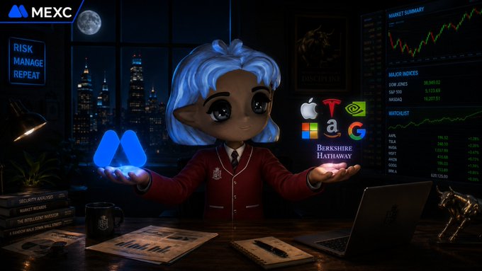 A MEXC promotional image shows a blue-haired anime character at a desk with the Berkshire Hathaway logo and major company icons (Apple, Tesla, Amazon, NVIDIA), with 'RISK MANAGE REPEAT' displayed on a screen.