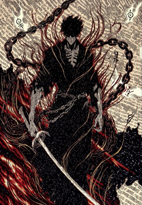 A detailed, dark manga-style illustration of a shadowy figure bound by heavy chains, surrounded by red energy, with a sword at the bottom and a background covered in text.