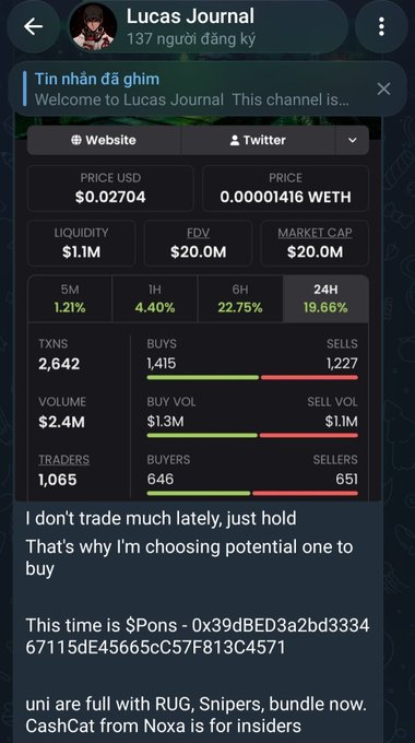 A pinned Telegram channel "Lucas Journal" (137 subscribers) displays live metrics for a token trading at $0.02704 with a $20M FDV, including 1,065 traders, 2,642 transactions, and a 19.66% 24-hour price increase, while the pinned message promotes "$Pons - 0x39dBED3a2bd333467115dE45665cC57F813C4571" and warns about rugs and snipers on Uniswap—aligning with the post announcing the new channel's $PONS call and intention to delete it soon.