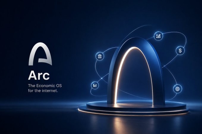 A promotional graphic featuring the 'Arc' logo and the text 'The Economic OS for the internet,' displayed alongside a glowing archway surrounded by financial icons.