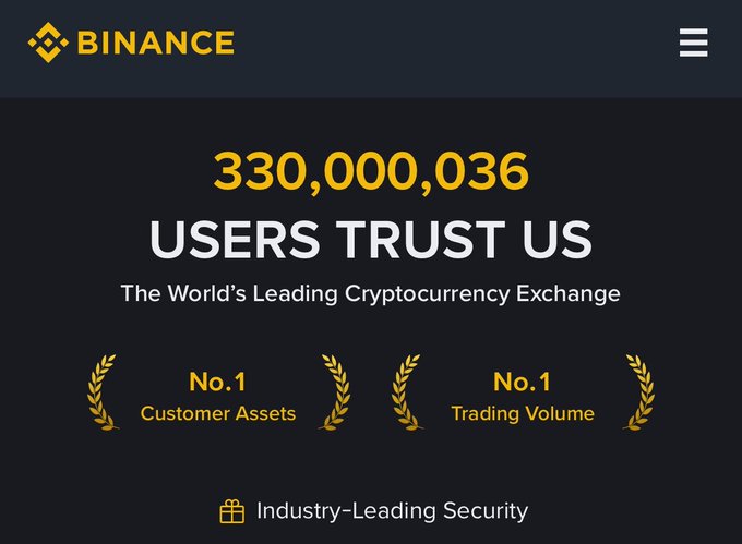 A promotional banner for Binance cryptocurrency exchange featuring their logo, claiming "330,000,036 USERS TRUST US" as "The World's Leading Cryptocurrency Exchange," with accolades for being No.1 in Customer Assets and No.1 in Trading Volume, and highlighting "Industry-Leading Security."