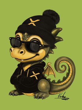 A cartoon illustration of a green dragon wearing sunglasses, a black beanie, and a hoodie, with small wings and a curled tail, set against a green background.