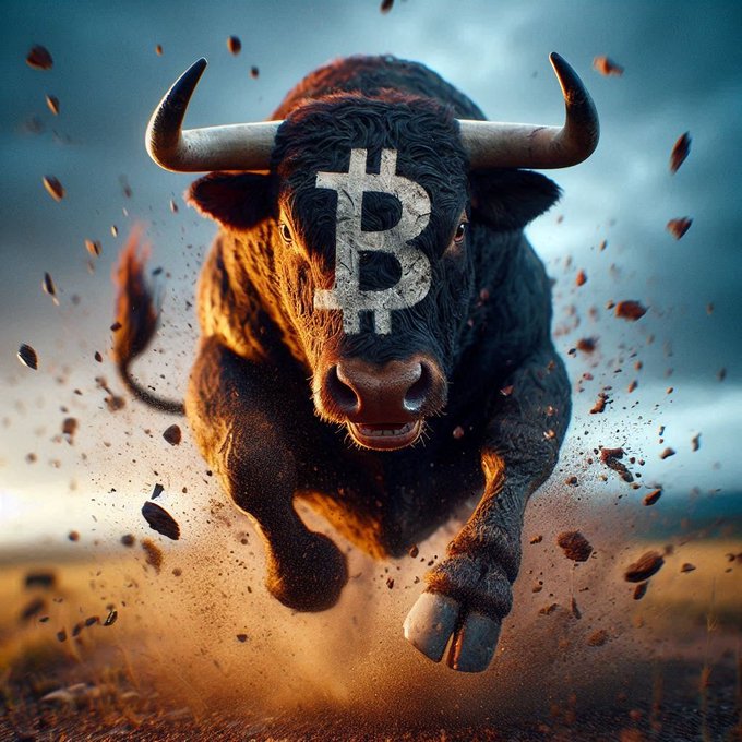 A dramatic illustration of a charging bull with a white Bitcoin symbol painted on its forehead, kicking up dirt and debris.