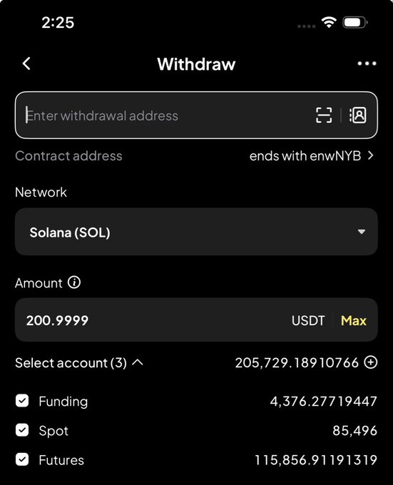 A screenshot of a cryptocurrency withdrawal interface showing a transfer of 200.9999 USDT via the Solana (SOL) network, with account balances of 4,376.28 USDT (Funding), 85,496 USDT (Spot), and 115,856.91 USDT (Futures). The image illustrates the process of sending an airdrop, matching the post's intent to distribute $200 USDT to followers' Solana wallet addresses.