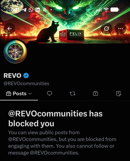 A Twitter/X profile page for 'REVO' (@REVOcommunities) with a cat-themed banner, displaying a notice that '@REVOcommunities has blocked you', preventing engagement with their posts.