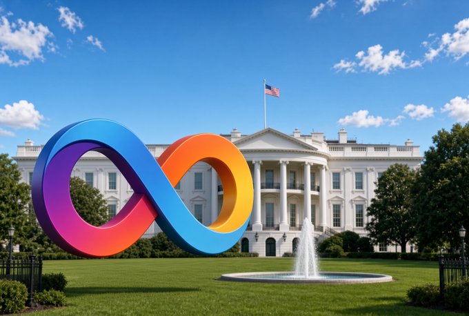 A colorful 3D infinity symbol superimposed over the White House with a fountain and American flag visible in the background.