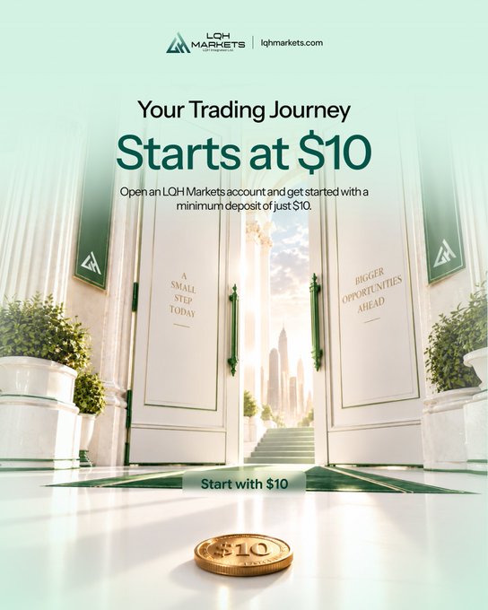 An advertisement for LQH Markets reads 'Your Trading Journey Starts at $10' and 'Open an LQH Markets account and get started with a minimum deposit of just $10,' featuring open doors leading to a cityscape and a $10 coin.