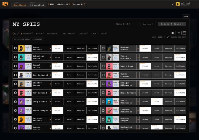 A screenshot of the "SPY" game's "MY SPIES" interface showing a grid of characters with their names, ranks, and deployment options like Defend, Recon, Sabotage, and Infiltrate.