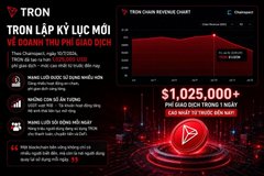 A Vietnamese promotional graphic for 'TRÒN' announces 'TRÒN LẬP KỶ LỤC MỚI' (Tron sets new record) with over $1,025,000+ raised, featuring a 3D Tron-style logo on a dark red background.