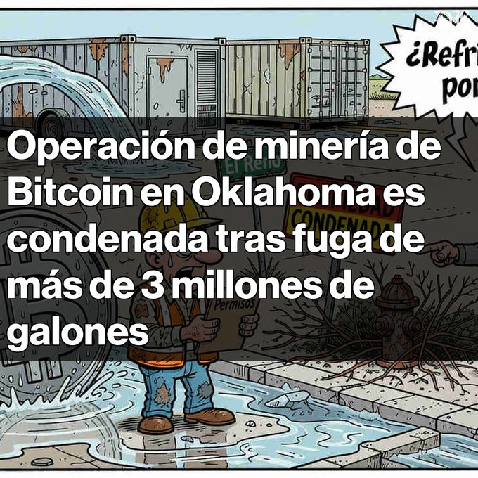 A cartoon-style news illustration shows a construction worker reading a permit next to a fire hydrant with leaked water. The Spanish text overlay reads 'Operación de minería de Bitcoin en Oklahoma es condenada tras fuga de más de 3 millones de galones'.