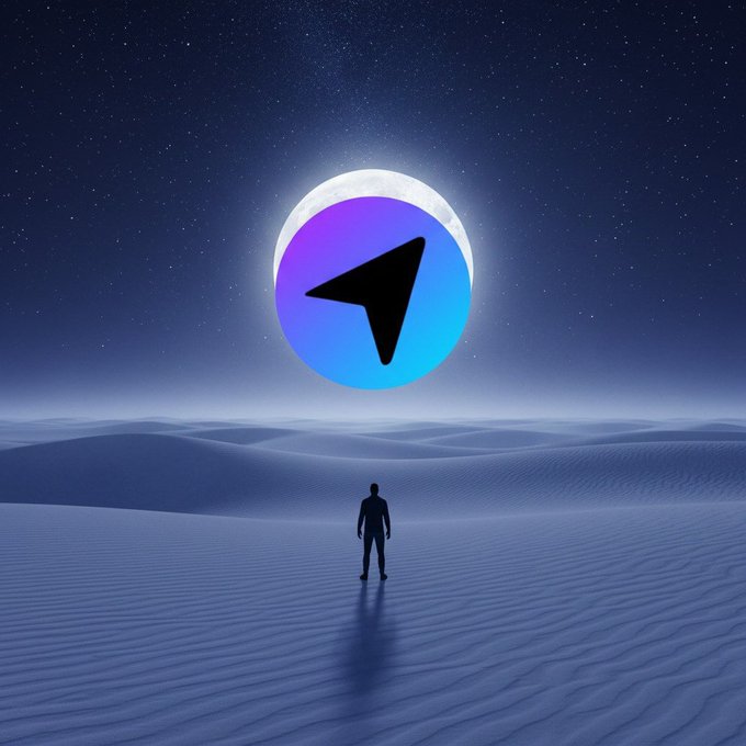 A silhouette of a person stands on a desert-like landscape beneath a starry night sky, gazing at a glowing Telegram paper plane logo surrounded by a halo.