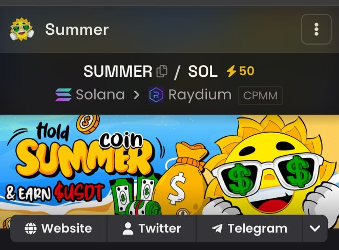 The image shows a crypto token listing for "Summer" (SUMMER/SOL) on the Raydium platform with a 50K boost, featuring cartoon sun graphics and text reading "Hold Summer coin & Earn $USDT." It visually supports the post's bullish pitch, showing official token details like the contract address and DEX listing that back the claim of low supply and trading potential.