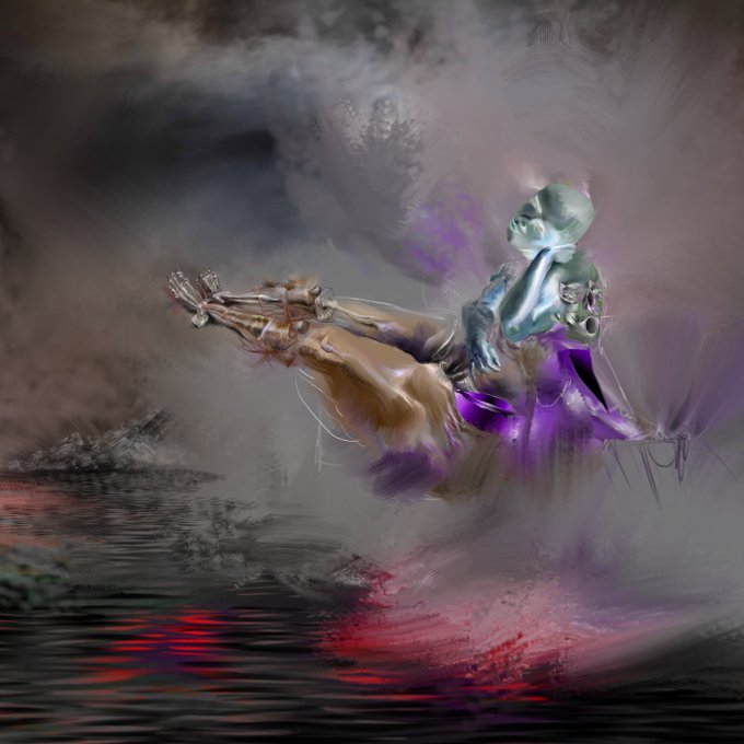 A surreal, dreamlike digital painting depicts a silver metallic humanoid figure and a golden-skinned figure with raised hands emerging from dark, rippling water, surrounded by purple mist and eerie light.